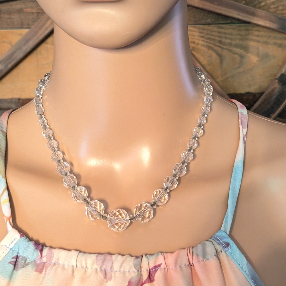 Antique Czechoslovakian Faceted Rock Crystal Single Strand Necklace